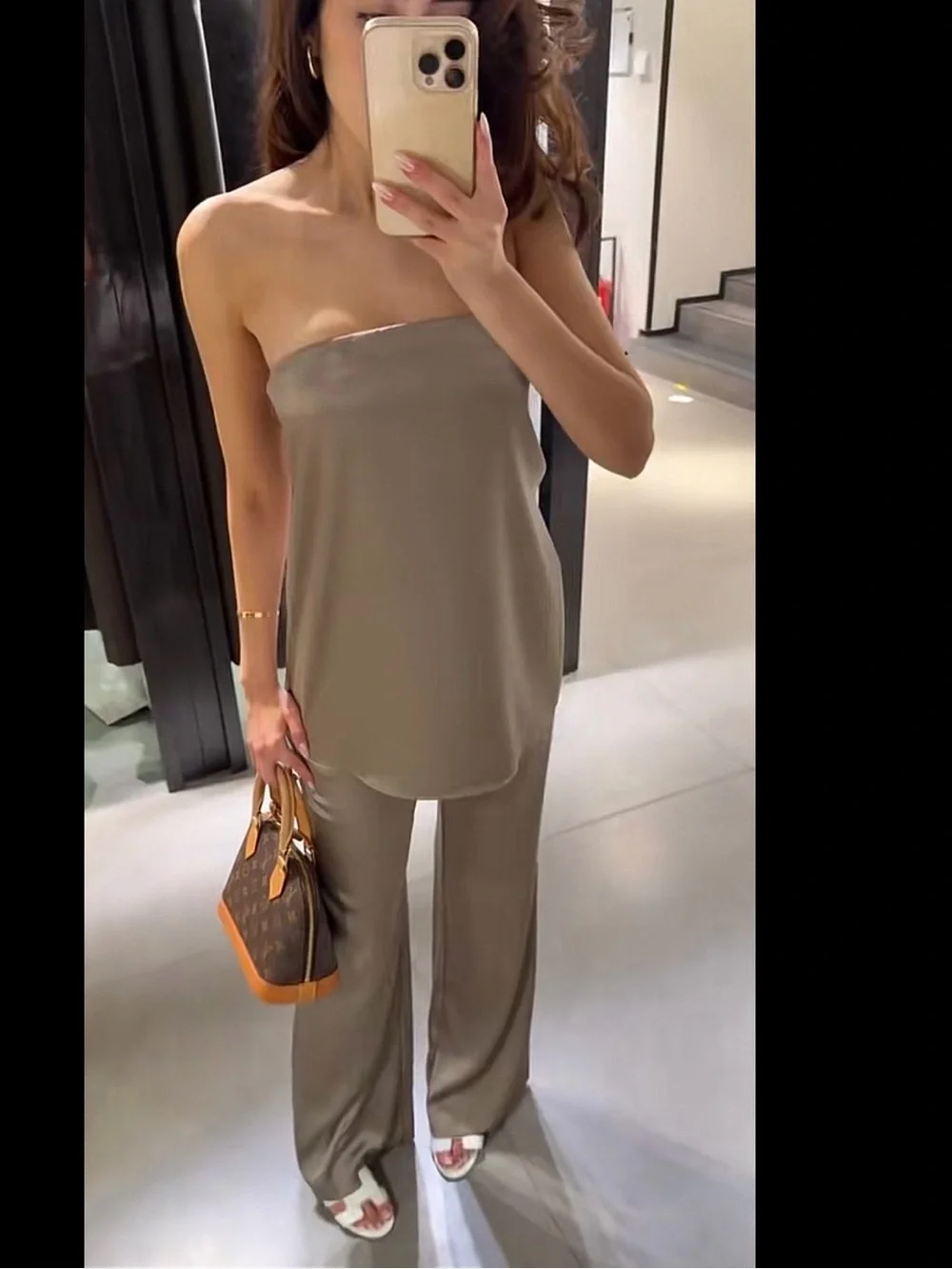Zara NWT 2 piece SET light gray taupe satin strapless tube top & pants